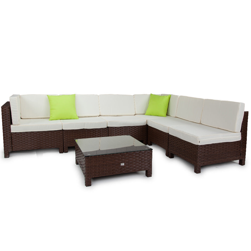 LONDON RATTAN 7pc Outdoor Wicker Lounge Furniture Setting Patio Sofa Set Brown - Cosy Abode