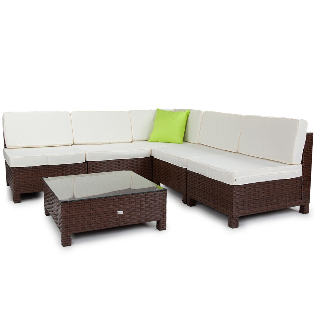 LONDON RATTAN 6pc Outdoor Furniture Setting Wicker Lounge Patio Sofa Set Brown - Cosy Abode