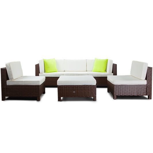LONDON RATTAN 6pc Outdoor Furniture Setting Wicker Lounge Sofa Set Ottoman Brown - Cosy Abode