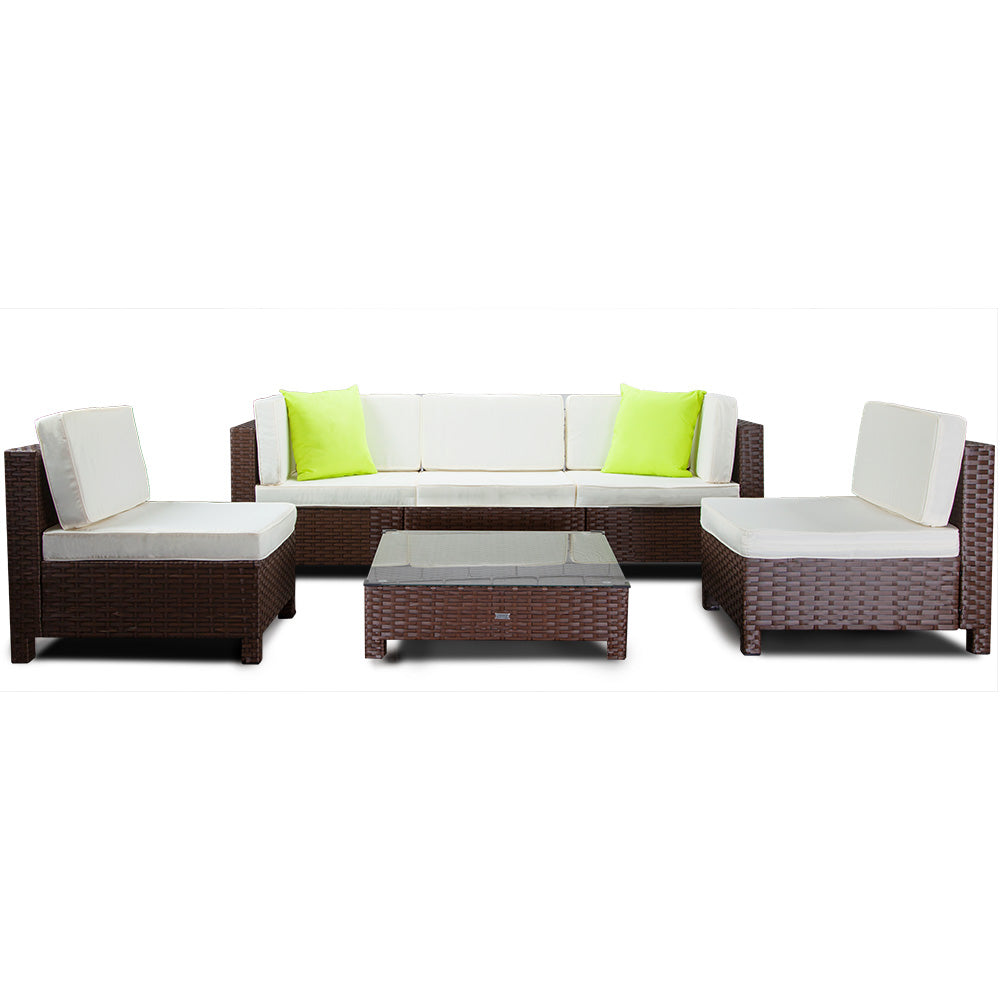 LONDON RATTAN 6pc Outdoor Furniture Setting Wicker Lounge Sofa Set Patio Brown - Cosy Abode