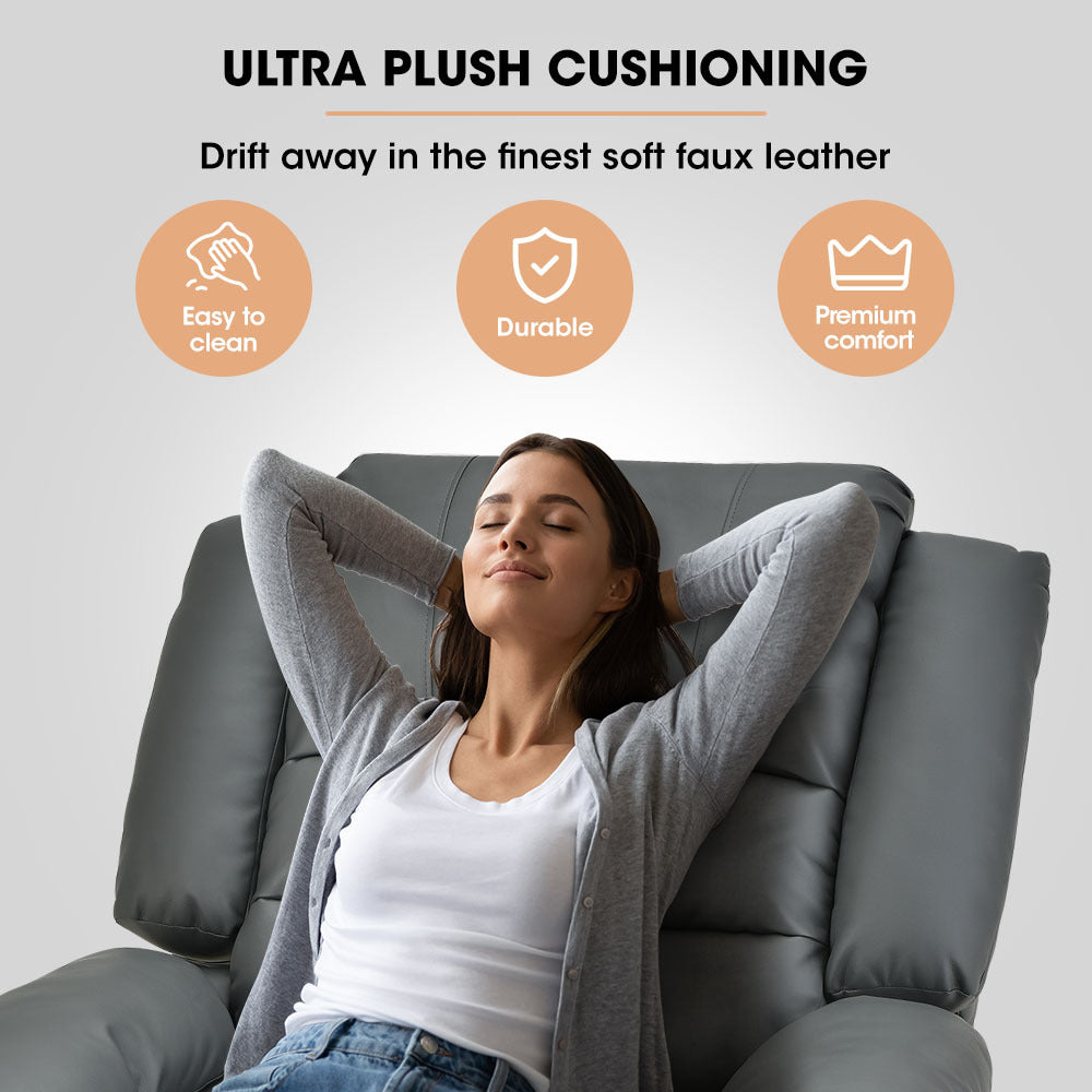 Fortia Luxury Recliner Lounge Chair, Single Faux Leather Armchair, for Home Theatre Cinema, Elderly, Grey - Cosy Abode