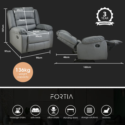 Fortia Luxury Recliner Lounge Chair, Single Faux Leather Armchair, for Home Theatre Cinema, Elderly, Grey - Cosy Abode