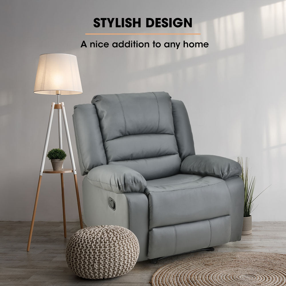 Fortia Luxury Recliner Lounge Chair, Single Faux Leather Armchair, for Home Theatre Cinema, Elderly, Grey - Cosy Abode