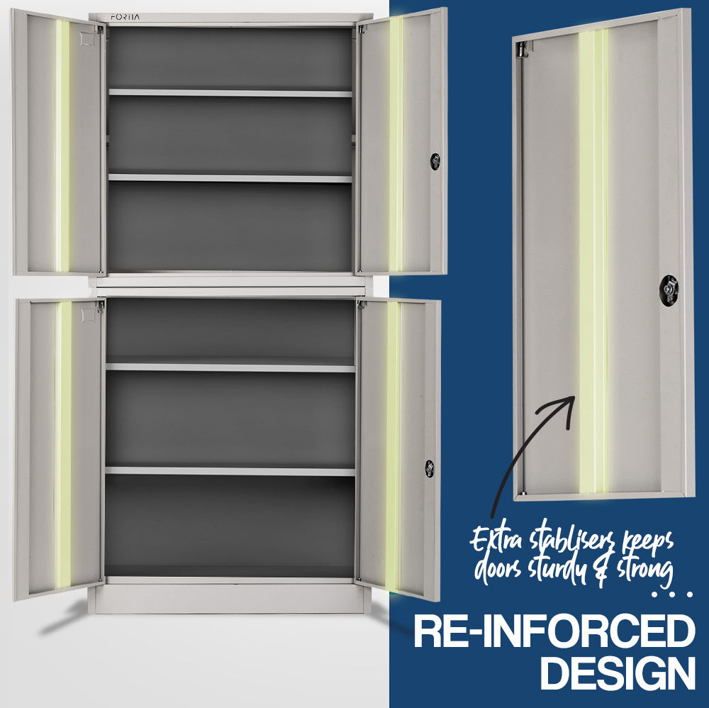 FORTIA 4-Door Steel Stationery Cabinet, Cam Locks, Shelves, Grey - Cosy Abode