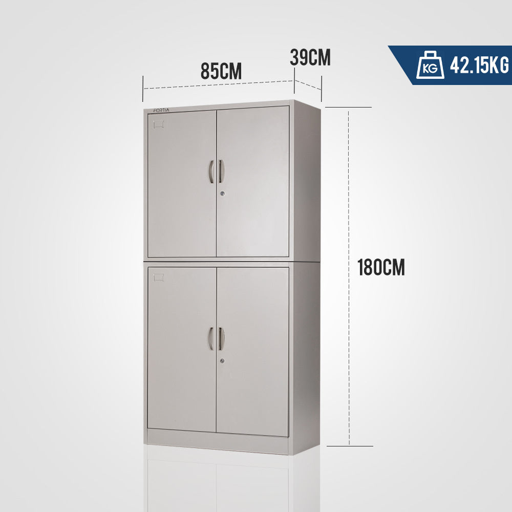 FORTIA 4-Door Steel Stationery Cabinet, Cam Locks, Shelves, Grey - Cosy Abode