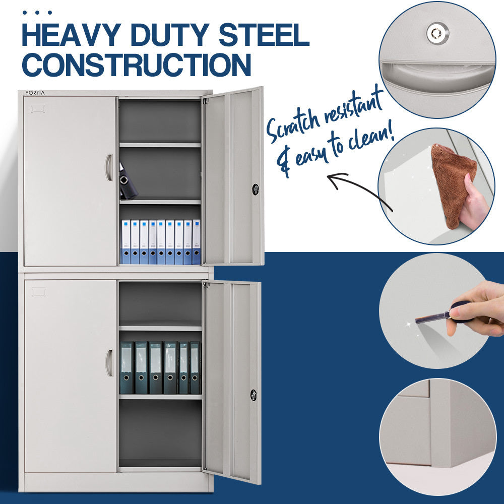 FORTIA 4-Door Steel Stationery Cabinet, Cam Locks, Shelves, Grey - Cosy Abode