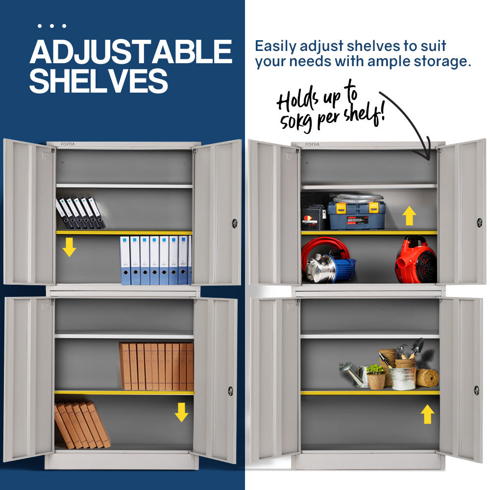 FORTIA 4-Door Steel Stationery Cabinet, Cam Locks, Shelves, Grey - Cosy Abode