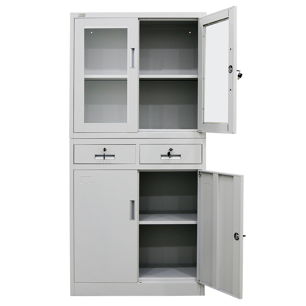 FORTIA 4-Door Lockable Steel Stationery Storage Cabinet, Display Windows, 2 Drawers, Grey - Cosy Abode