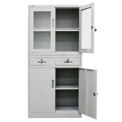FORTIA 4-Door Lockable Steel Stationery Storage Cabinet, Display Windows, 2 Drawers, Grey - Cosy Abode