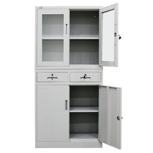 FORTIA 4-Door Lockable Steel Stationery Storage Cabinet, Display Windows, 2 Drawers, Grey - Cosy Abode