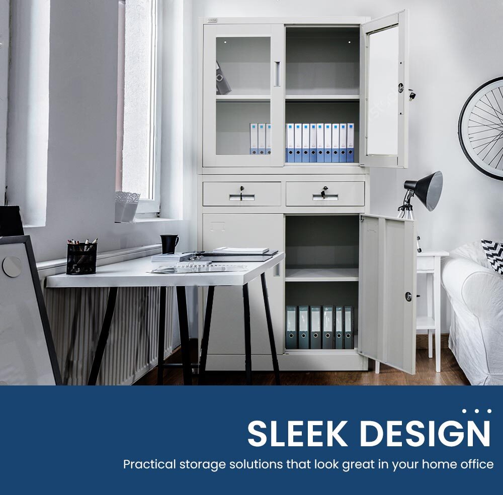 FORTIA 4-Door Lockable Steel Stationery Storage Cabinet, Display Windows, 2 Drawers, Grey - Cosy Abode