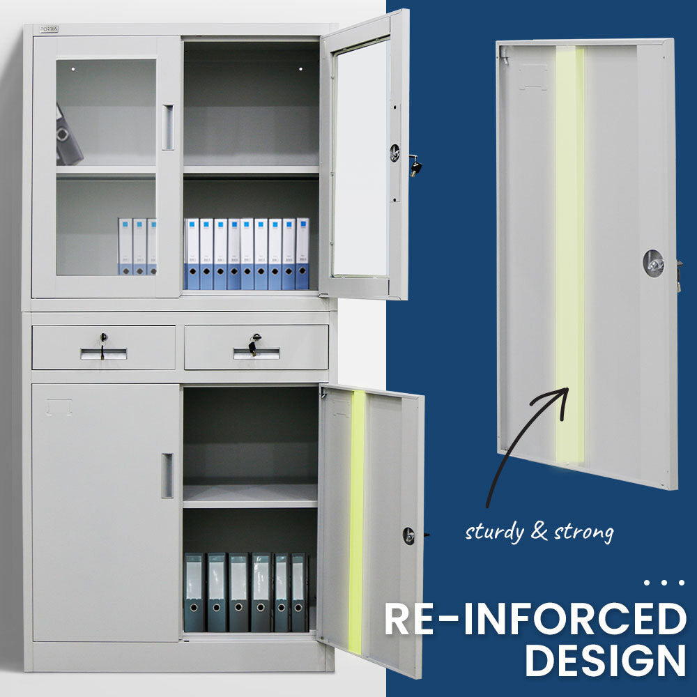 FORTIA 4-Door Lockable Steel Stationery Storage Cabinet, Display Windows, 2 Drawers, Grey - Cosy Abode