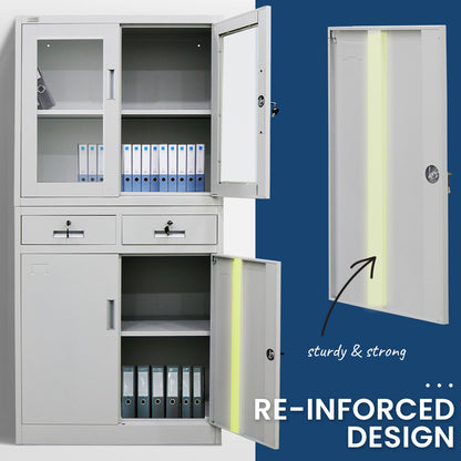 FORTIA 4-Door Lockable Steel Stationery Storage Cabinet, Display Windows, 2 Drawers, Grey - Cosy Abode