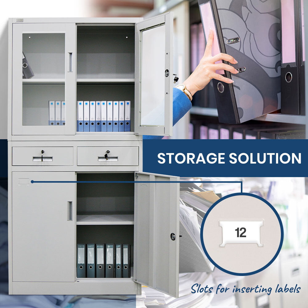 FORTIA 4-Door Lockable Steel Stationery Storage Cabinet, Display Windows, 2 Drawers, Grey - Cosy Abode