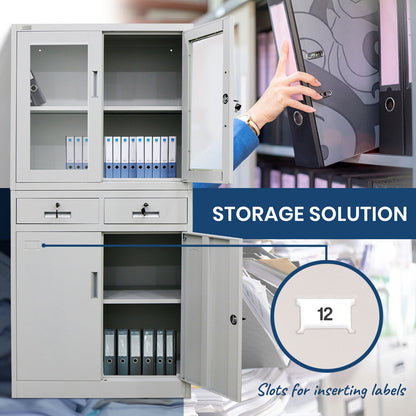 FORTIA 4-Door Lockable Steel Stationery Storage Cabinet, Display Windows, 2 Drawers, Grey - Cosy Abode