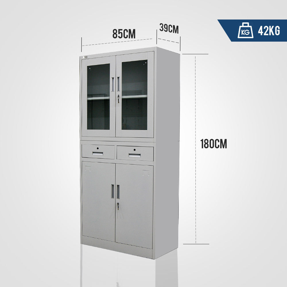 FORTIA 4-Door Lockable Steel Stationery Storage Cabinet, Display Windows, 2 Drawers, Grey - Cosy Abode