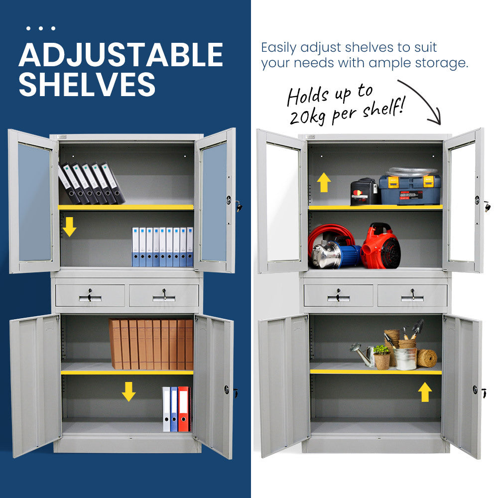 FORTIA 4-Door Lockable Steel Stationery Storage Cabinet, Display Windows, 2 Drawers, Grey - Cosy Abode