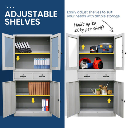 FORTIA 4-Door Lockable Steel Stationery Storage Cabinet, Display Windows, 2 Drawers, Grey - Cosy Abode