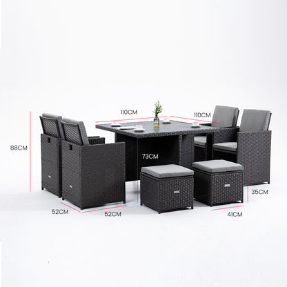 LONDON RATTAN Wicker 9 Piece Outdoor Dining Table Furniture Set - Grey - Cosy Abode