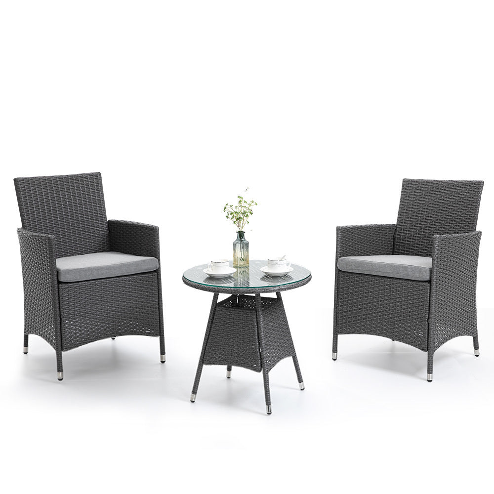 LONDON RATTAN 3 Piece Outdoor Furniture Setting with Glass Top Table - Grey - Cosy Abode