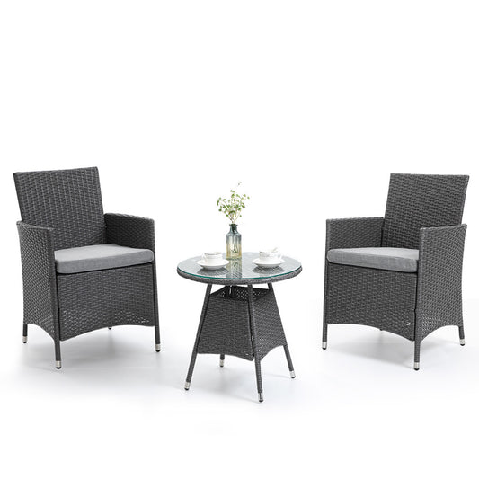 LONDON RATTAN 3 Piece Outdoor Furniture Setting with Glass Top Table - Grey - Cosy Abode