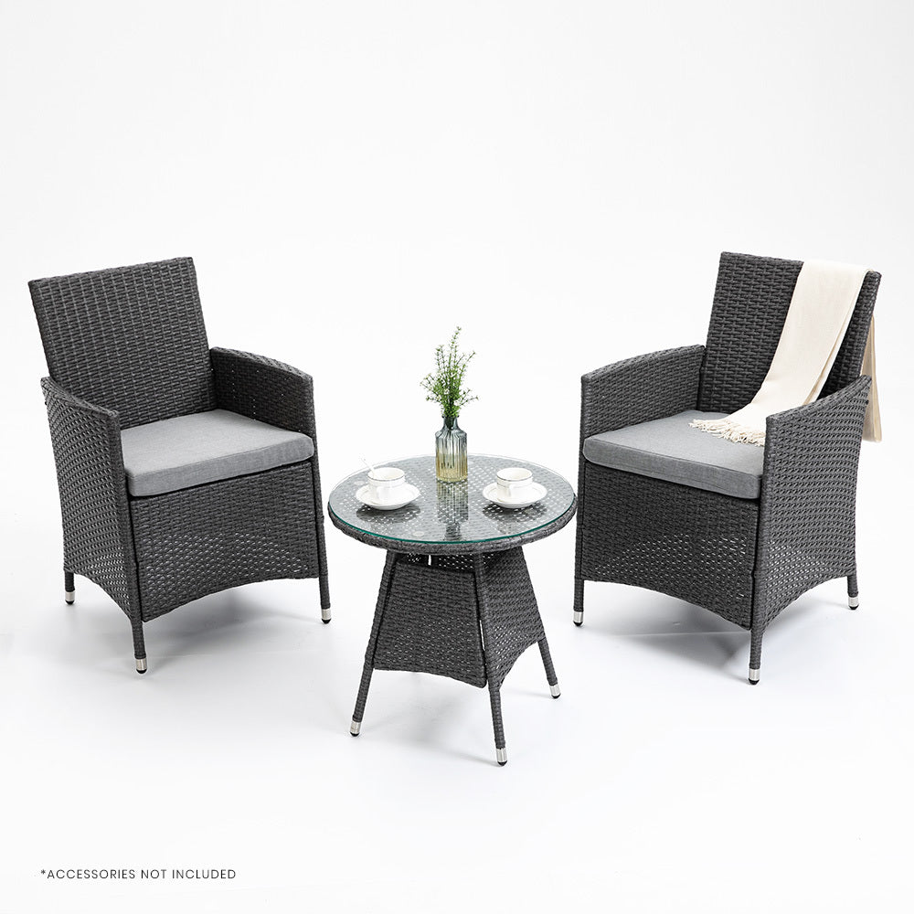 LONDON RATTAN 3 Piece Outdoor Furniture Setting with Glass Top Table - Grey - Cosy Abode