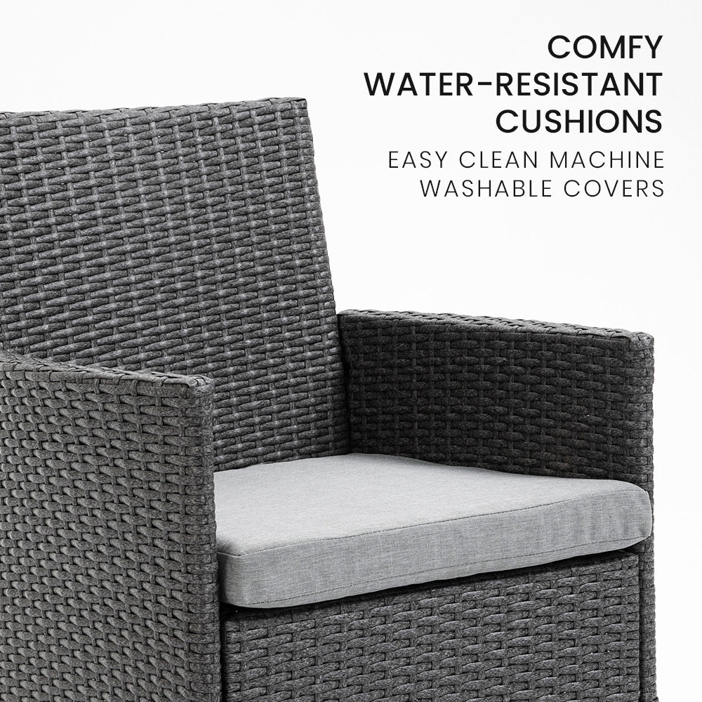 LONDON RATTAN 3 Piece Outdoor Furniture Setting with Glass Top Table - Grey - Cosy Abode