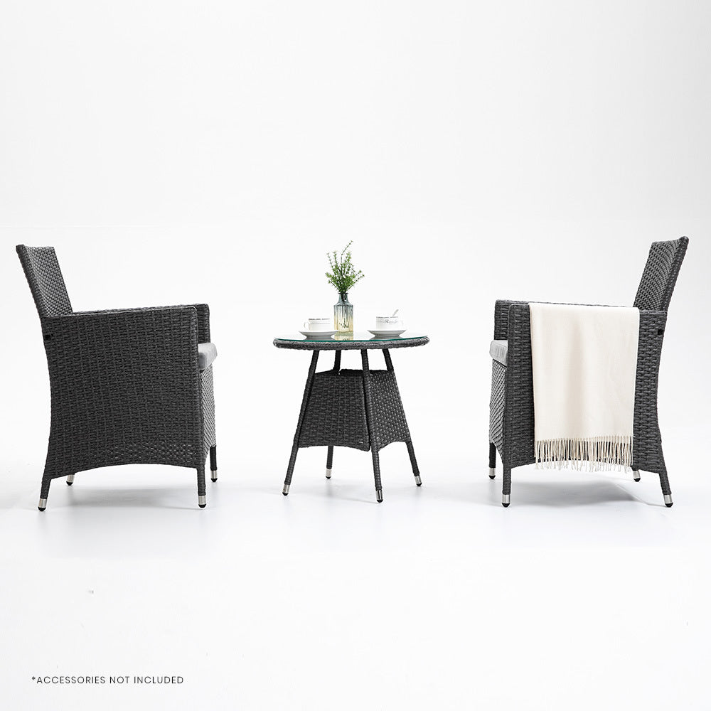 LONDON RATTAN 3 Piece Outdoor Furniture Setting with Glass Top Table - Grey - Cosy Abode
