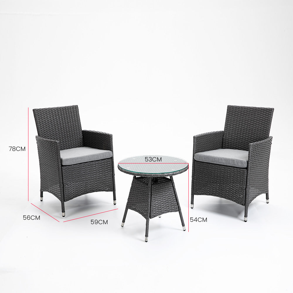 LONDON RATTAN 3 Piece Outdoor Furniture Setting with Glass Top Table - Grey - Cosy Abode