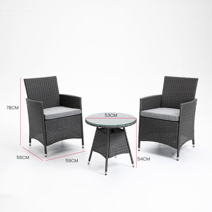 LONDON RATTAN 3 Piece Outdoor Furniture Setting with Glass Top Table - Grey - Cosy Abode