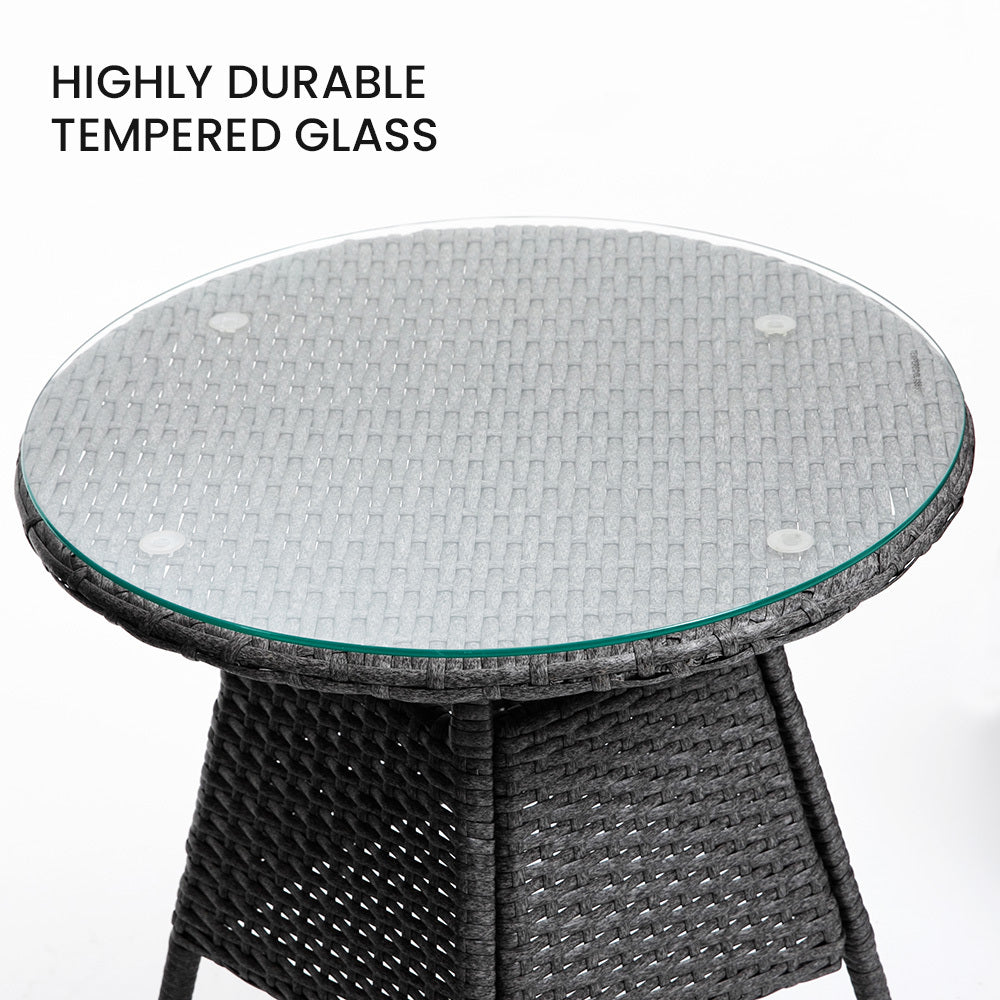 LONDON RATTAN 3 Piece Outdoor Furniture Setting with Glass Top Table - Grey - Cosy Abode