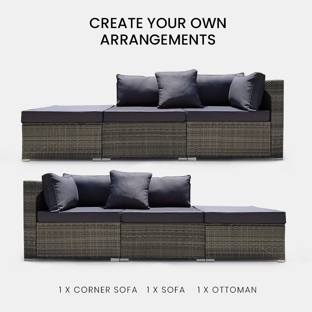 LONDON RATTAN 3 Seater Modular Outdoor Lounge Setting incl. Ottoman - Grey - Cosy Abode