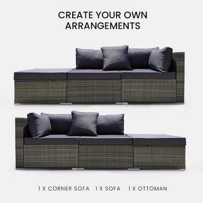 LONDON RATTAN 3 Seater Modular Outdoor Lounge Setting incl. Ottoman - Grey - Cosy Abode