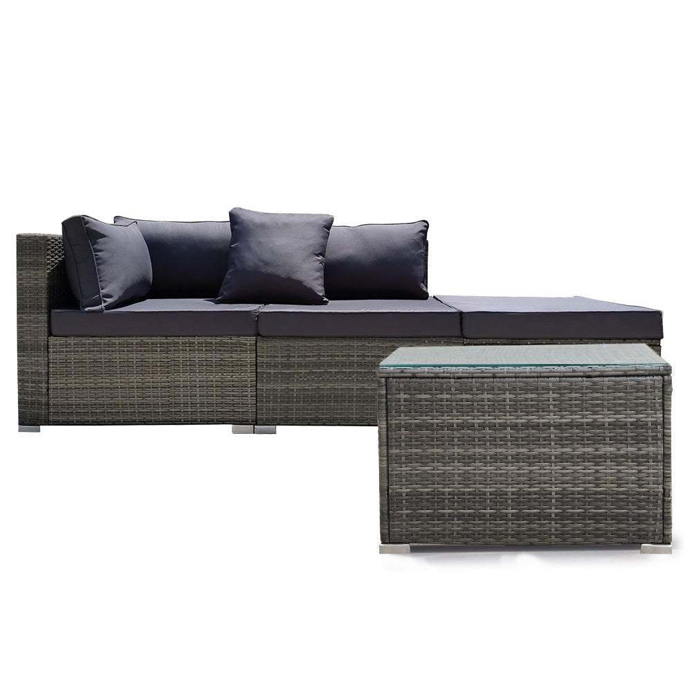 LONDON RATTAN 4 Piece 3 Seater Modular Outdoor Lounge Setting incl. Coffee Table & Ottoman - Grey - Cosy Abode
