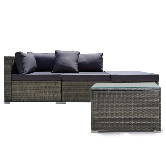 LONDON RATTAN 4 Piece 3 Seater Modular Outdoor Lounge Setting incl. Coffee Table & Ottoman - Grey - Cosy Abode
