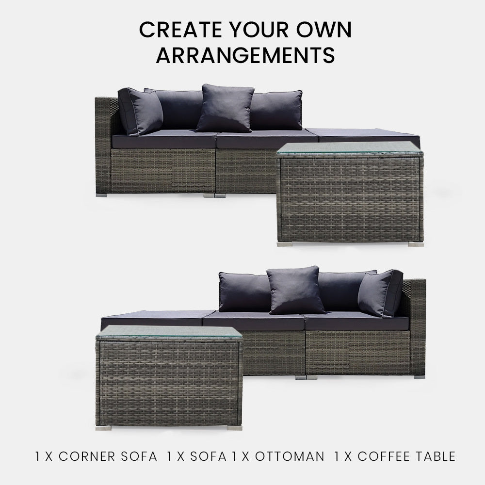 LONDON RATTAN 4 Piece 3 Seater Modular Outdoor Lounge Setting incl. Coffee Table & Ottoman - Grey - Cosy Abode