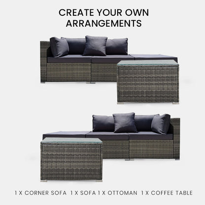 LONDON RATTAN 4 Piece 3 Seater Modular Outdoor Lounge Setting incl. Coffee Table & Ottoman - Grey - Cosy Abode