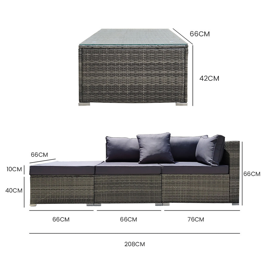 LONDON RATTAN 4 Piece 3 Seater Modular Outdoor Lounge Setting incl. Coffee Table & Ottoman - Grey - Cosy Abode