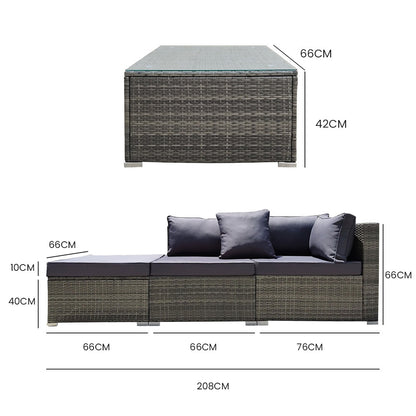 LONDON RATTAN 4 Piece 3 Seater Modular Outdoor Lounge Setting incl. Coffee Table & Ottoman - Grey - Cosy Abode