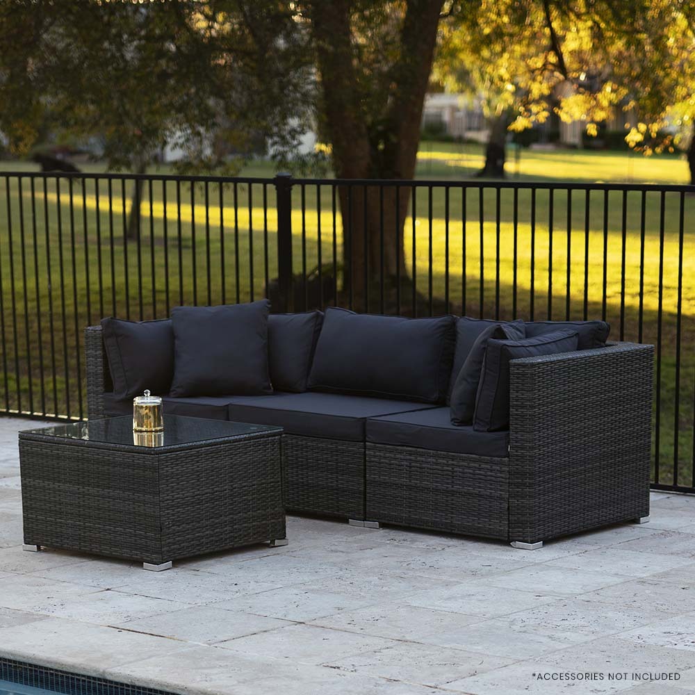 LONDON RATTAN 4 Piece 3 Seater Modular Outdoor Lounge Setting incl. Coffee Table, Grey - Cosy Abode