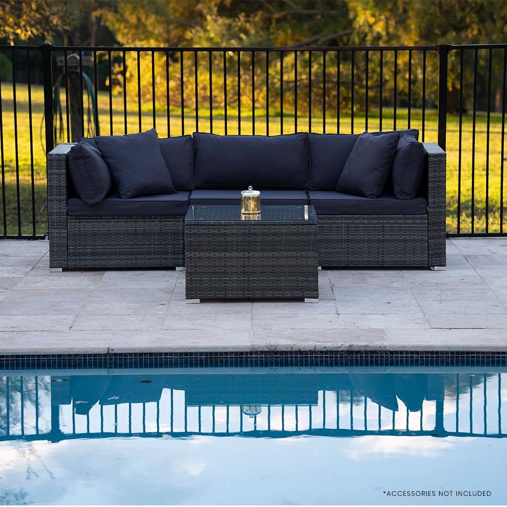 LONDON RATTAN 4 Piece 3 Seater Modular Outdoor Lounge Setting incl. Coffee Table, Grey - Cosy Abode
