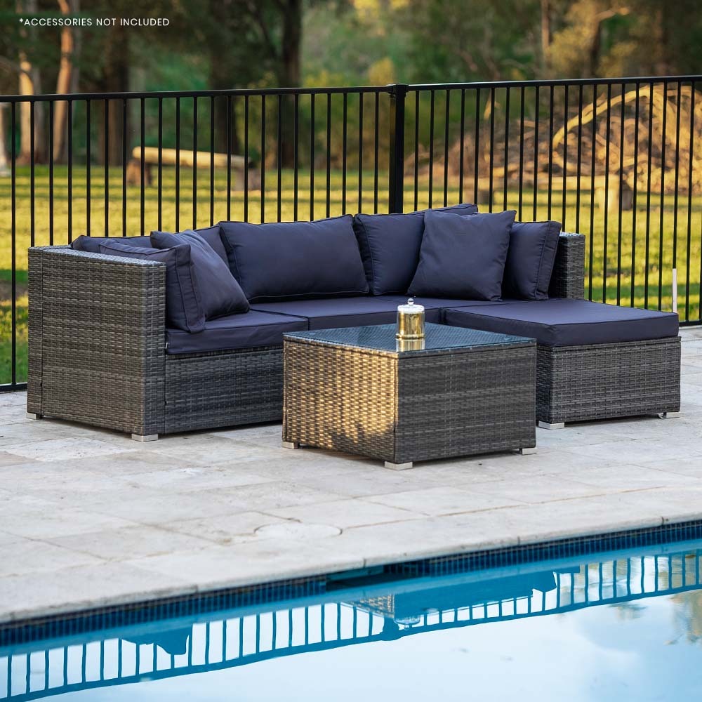 LONDON RATTAN 4 Seater Modular Outdoor Lounge Setting with Coffee Table & Ottoman - Grey - Cosy Abode