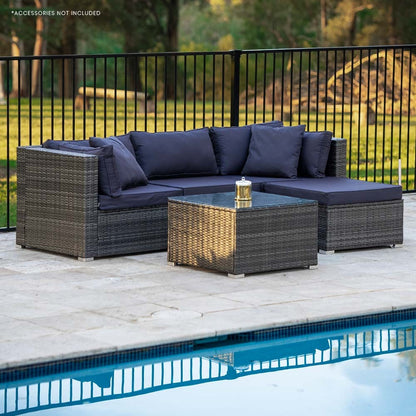 LONDON RATTAN 4 Seater Modular Outdoor Lounge Setting with Coffee Table & Ottoman - Grey - Cosy Abode
