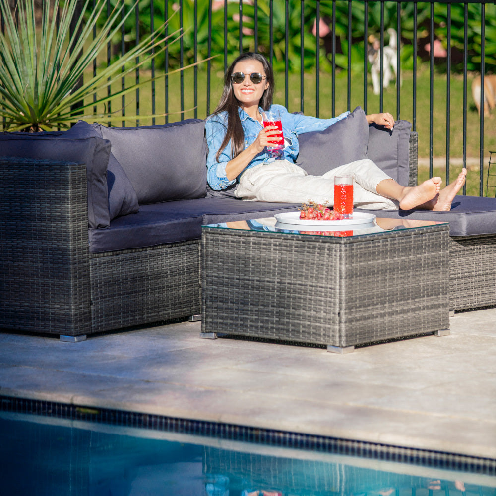 LONDON RATTAN 4 Seater Modular Outdoor Lounge Setting with Coffee Table & Ottoman - Grey - Cosy Abode