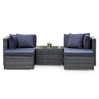 LONDON RATTAN 4 Seater Modular Outdoor Lounge Setting with Coffee Table & Ottomans - Grey - Cosy Abode