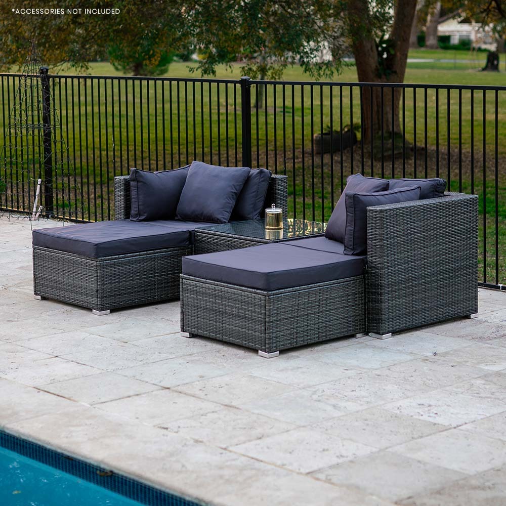 LONDON RATTAN 4 Seater Modular Outdoor Lounge Setting with Coffee Table & Ottomans - Grey - Cosy Abode