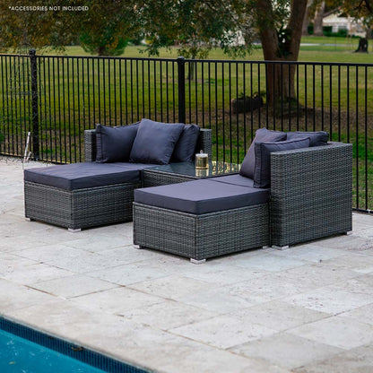 LONDON RATTAN 4 Seater Modular Outdoor Lounge Setting with Coffee Table & Ottomans - Grey - Cosy Abode