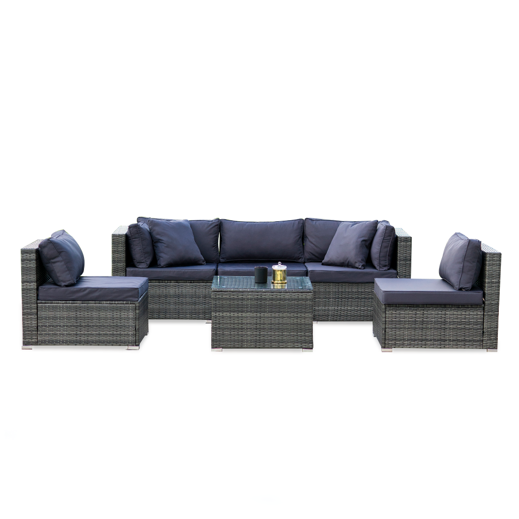 LONDON RATTAN 5 Seater Modular Outdoor Lounge Setting with Coffee Table - Grey - Cosy Abode