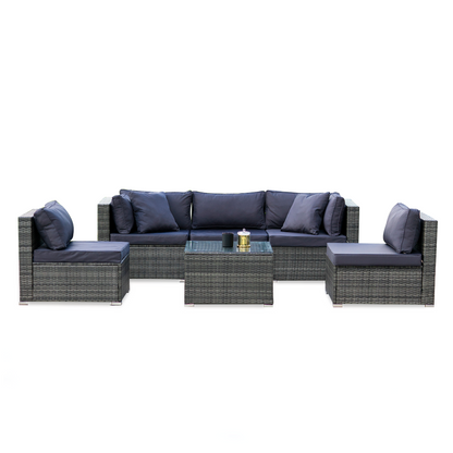 LONDON RATTAN 5 Seater Modular Outdoor Lounge Setting with Coffee Table - Grey - Cosy Abode