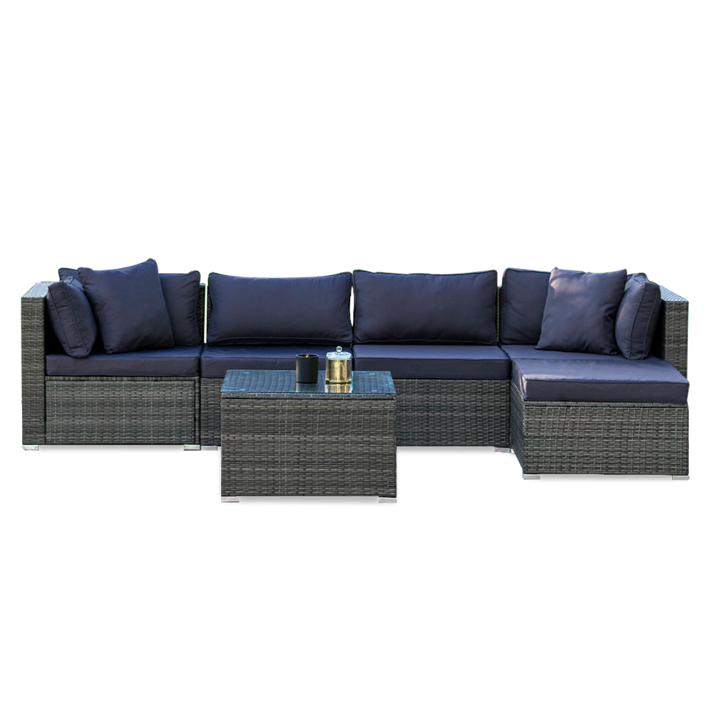 LONDON RATTAN 5 Seater Modular Outdoor Lounge Setting with Coffee Table & Ottoman - Grey - Cosy Abode